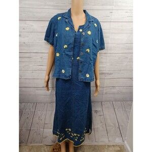 Blue Denim Jean Jumper Cottagecore Embroidery Buttons Modest Dress Size M. 